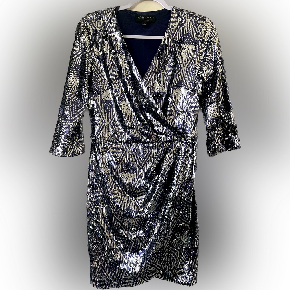 Silver and Navy Sequin Knee-length Cocktail/Prom Dress